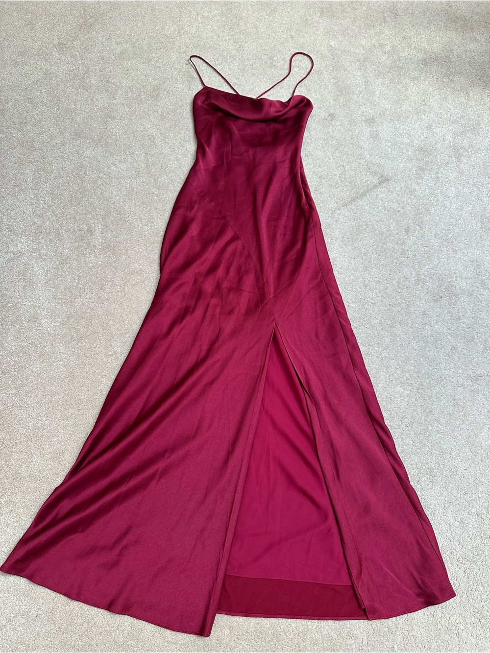 Ever New Satin Slip Maxi Dress in Burgundy red with Thigh Slit - Picture 3 of 7